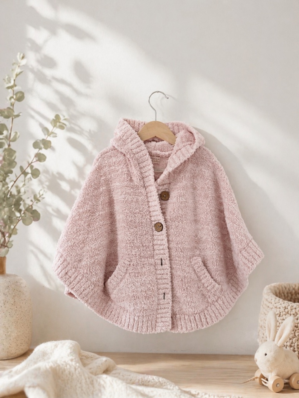 Barefoot Dreams Kids Pink Hooded Knit Poncho Cape Jacket size 4T/5T nwot